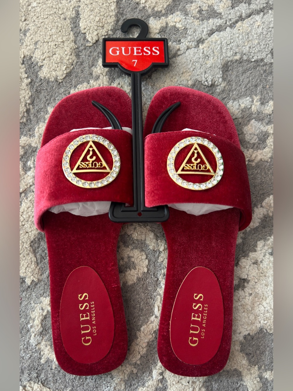 GUESS Red Velvet Slide Sandals with Gold Crystal Triangle Emblem